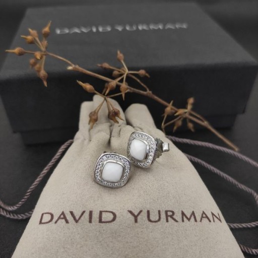 David Yurman Albion Stud Earrings Sterling Silver with White Agate and Diamonds 7mm
