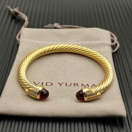 David Yurman Women's Classic Cable Cuff Bracelet 18K Yellow Gold with Red Diamonds 7mm