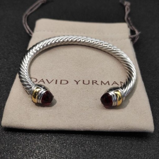 David Yurman Women's Classic Cable Cuff Bracelet Sterling Silver with 18K Yellow Gold and Garnet 7mm