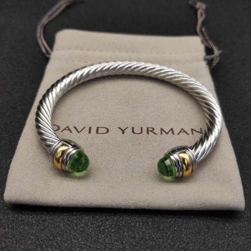 David Yurman Women's Classic Cable Cuff Bracelet Sterling Silver with 18K Yellow Gold and Peridot 7mm