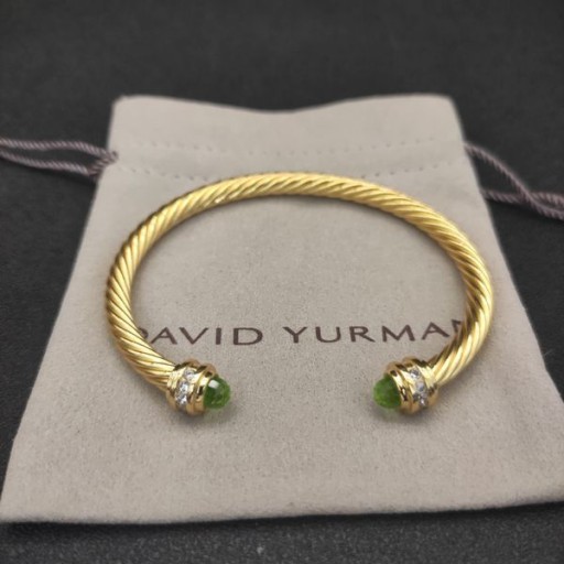 David Yurman Women's Classic Cablespira Cuff Bracelet 18K Yellow Gold with Light Green Diamonds 5mm