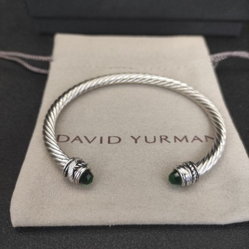 David Yurman Women's Classic Cablespira Cuff Bracelet Sterling Silver with Dark Green Diamonds 5mm