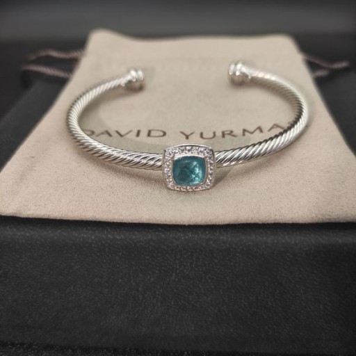 David Yurman Women's Classic Cablespira Station Cuff Bracelet Sterling Silver with Blue Topaz and Diamonds 4mm