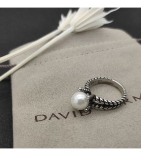 David Yurman Cable Collectibles Pearl Ring Sterling Silver with Pearl and Diamonds 11mm