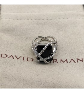 David Yurman Cable Wrap Ring Sterling Silver with Black Onyx and Diamonds 20.4mm