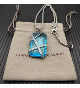 David Yurman Women's Cable Wrap Amulet Sterling Silver with Blue Crystal and Diamonds 32mm