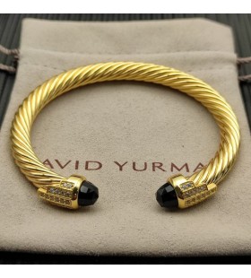 David Yurman Women's Classic Cable Cuff Bracelet 18K Yellow Gold with Black Diamonds 7mm