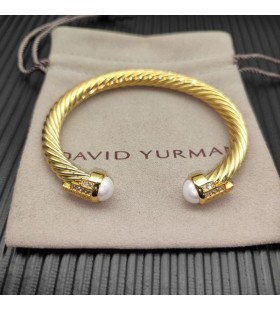 David Yurman Women's Classic Cable Cuff Bracelet 18K Yellow Gold with Pearls And Diamonds 7mm