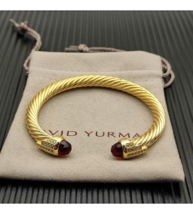 David Yurman Women's Classic Cable Cuff Bracelet 18K Yellow Gold with Red Diamonds 7mm