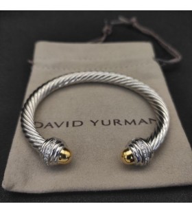 David Yurman Women's Classic Cable Cuff Bracelet Sterling Silver with 14K Yellow Gold Domes and Diamonds 7mm
