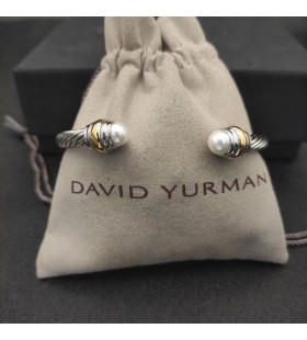 David Yurman Women's Classic Cable Cuff Bracelet Sterling Silver with 14K Yellow Gold and Pearls 5mm
