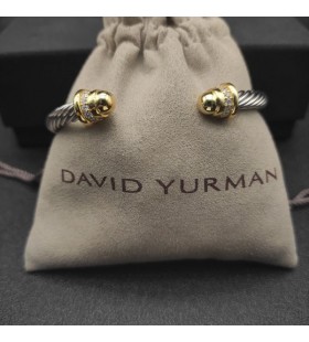 David Yurman Women's Classic Cable Cuff Bracelet Sterling Silver with 18K Yellow Gold Gold Domes and Diamonds 5mm