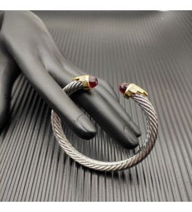David Yurman Women's Classic Cable Cuff Bracelet Sterling Silver with 18K Yellow Gold With Red Diamonds 7mm