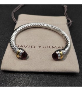 David Yurman Women's Classic Cable Cuff Bracelet Sterling Silver with 18K Yellow Gold and Garnet 7mm