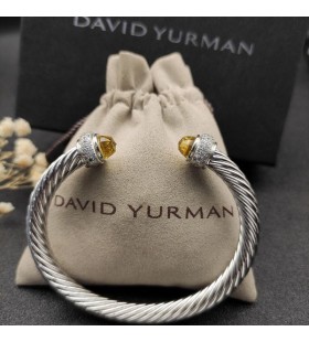 David Yurman Women's Classic Cable Cuff Bracelet Sterling Silver with Citrine and Pavé Diamonds 7mm