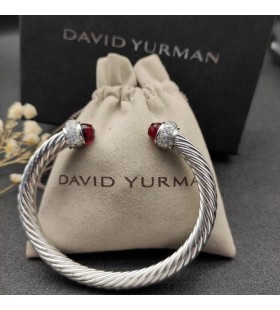 David Yurman Women's Classic Cable Cuff Bracelet Sterling Silver with Garnet and Pavé Diamonds 7mm
