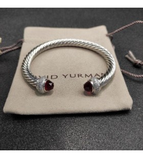 David Yurman Women's Classic Cable Cuff Bracelet Sterling Silver with Garnet and Pavé Diamonds 7mm