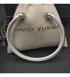 David Yurman Women's Classic Cable Cuff Bracelet Sterling Silver with Light Green Diamonds 5mm