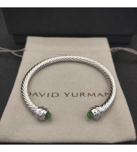 David Yurman Women's Classic Cable Cuff Bracelet Sterling Silver with Light Green Diamonds 5mm