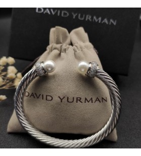 David Yurman Women's Classic Cable Cuff Bracelet Sterling Silver with Pearls and Pavé Diamonds 7mm