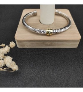 David Yurman Women's Classic Cable Station Cuff Bracelet Sterling Silver with 18K Yellow Gold and White Diamonds 4mm