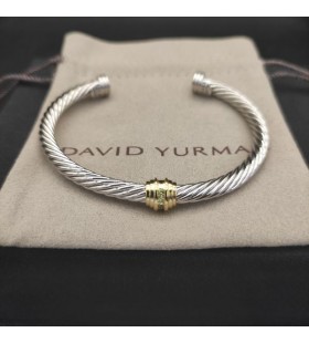 David Yurman Women's Classic Cable Station Cuff Bracelet Sterling Silver with 18K Yellow Gold and White Diamonds 4mm