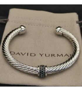 David Yurman Women's Classic Cable Station Cuff Bracelet Sterling Silver with Black Pavé Diamonds 7mm