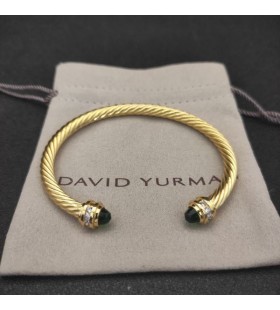 David Yurman Women's Classic Cablespira Cuff Bracelet 18K Yellow Gold with Dark Green Diamonds 5mm