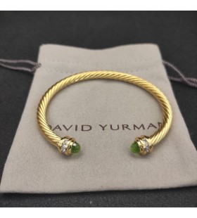 David Yurman Women's Classic Cablespira Cuff Bracelet 18K Yellow Gold with Light Green Diamonds 5mm