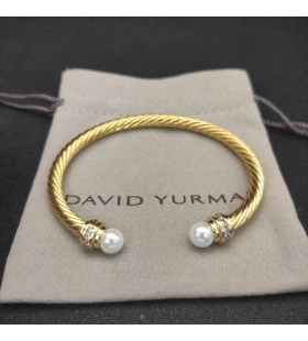 David Yurman Women's Classic Cablespira Cuff Bracelet 18K Yellow Gold with Pearls and Diamonds 5mm