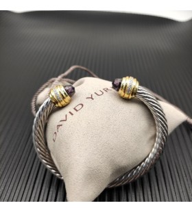 David Yurman Women's Classic Cablespira Cuff Bracelet Sterling Silver with 18K Yellow Gold And Purple Diamonds 7mm
