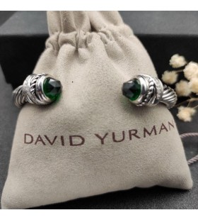 David Yurman Women's Classic Cablespira Cuff Bracelet Sterling Silver with Dark Green Diamonds 7mm
