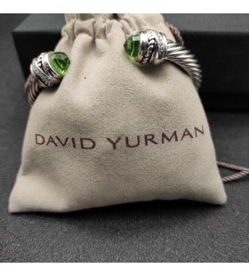 David Yurman Women's Classic Cablespira Cuff Bracelet Sterling Silver with Light Green Diamonds 7mm