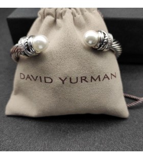David Yurman Women's Classic Cablespira Cuff Bracelet Sterling Silver with Pearls and Diamonds 7mm