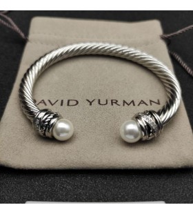 David Yurman Women's Classic Cablespira Cuff Bracelet Sterling Silver with Pearls and Diamonds 7mm