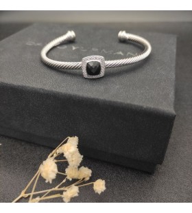 David Yurman Women's Classic Cablespira Station Cuff Bracelet Sterling Silver with Black Onyx and Diamonds 4mm