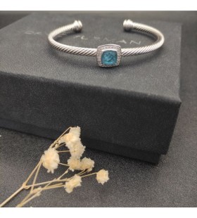 David Yurman Women's Classic Cablespira Station Cuff Bracelet Sterling Silver with Blue Topaz and Diamonds 4mm