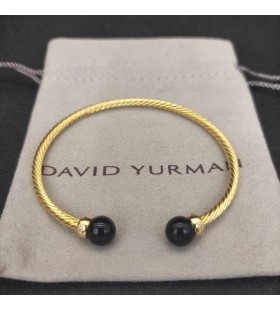 David Yurman Women's Solari Cablespira Cuff Bracelet 18K Yellow Gold with Black Onyx and Diamonds 3mm