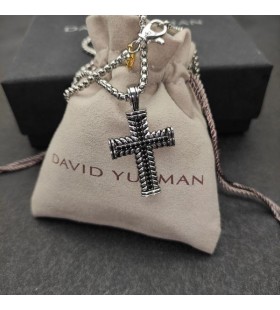 David Yurman Men's Chevron Cross Pendant Sterling Silver with Black Diamonds 41.5mm