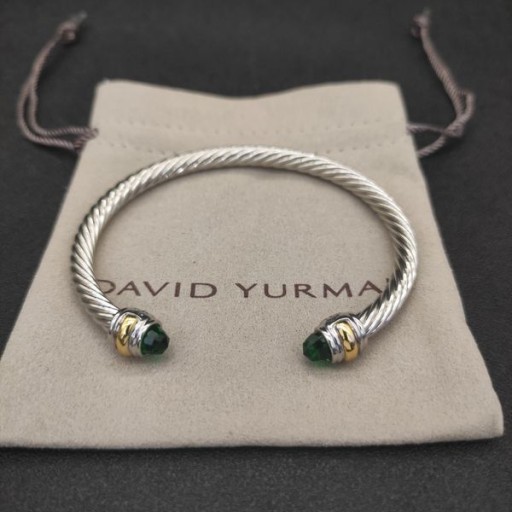 David Yurman das Mulheres Clássico Cabo Bracelete de Prata com Ouro 14K Amarelo e Verde Escuro Diamantes 5mm