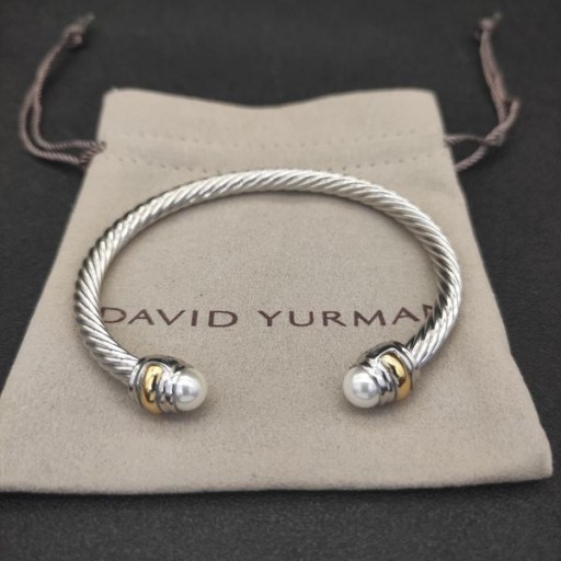 David Yurman Női Klasszikus Kábel Mandzsetta Karkötő Sterling Ezüst, 14K Sárga Arany, Gyöngy 5mm