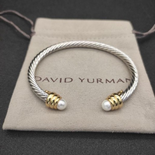 David Yurman Női Klasszikus Kábel Mandzsetta Karkötő Ezüst 18K Sárga Arany, Gyöngy 5mm