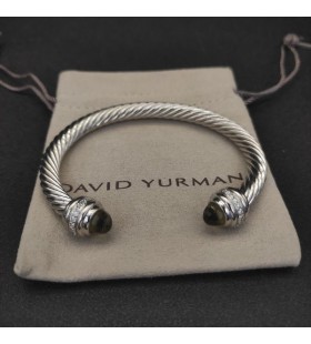David Yurman Női Klasszikus Kábel Mandzsetta Karkötő, Ezüst, Barna, Gyémánt, 7mm