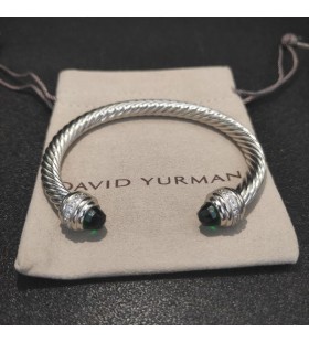 David Yurman Női Klasszikus Kábel Mandzsetta Karkötő Ezüst smaragdokkal, Gyémántok 7mm