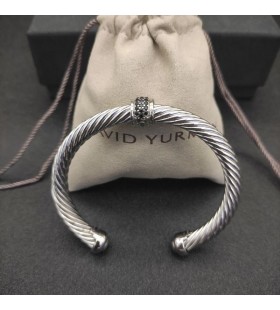 David Yurman Női Klasszikus Kábeltévé Mandzsetta Karkötő Ezüst Fekete Gyémánt Köves 7mm