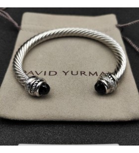 David Yurman Női Klasszikus Cablespira Mandzsetta Karkötő Ezüst Fekete Gyémántok 7mm