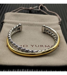 David Yurman Női Crossover Két Sorban Mandzsetta Karkötő Sterling Ezüst, 14K Sárga Arany 11mm