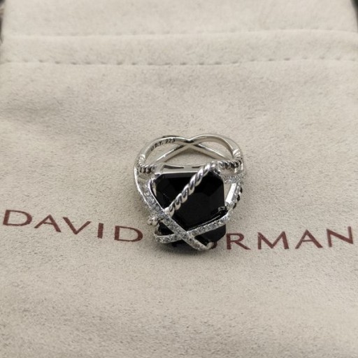 David Yurman Cábla Wrap Fáinne Airgid Sterling le Black Onyx agus Diamonds 20.4 mm