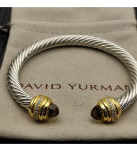 David Yurman Mban Classic Cablespira Cuff Bracelet Sterling Silver le 18K Óir Buí Le Diamonds Donn 7mm