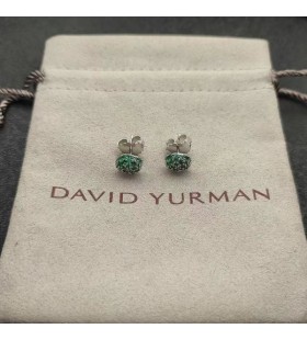 David Yurman Pute Stud Øredobber 18K Hvitt Gull med Pavé Smaragder 8mm